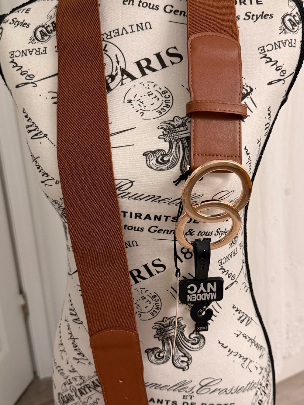 NYC Madden Women’s Brown Leather & Elastic Belt with Gold Double-Ring Buckle